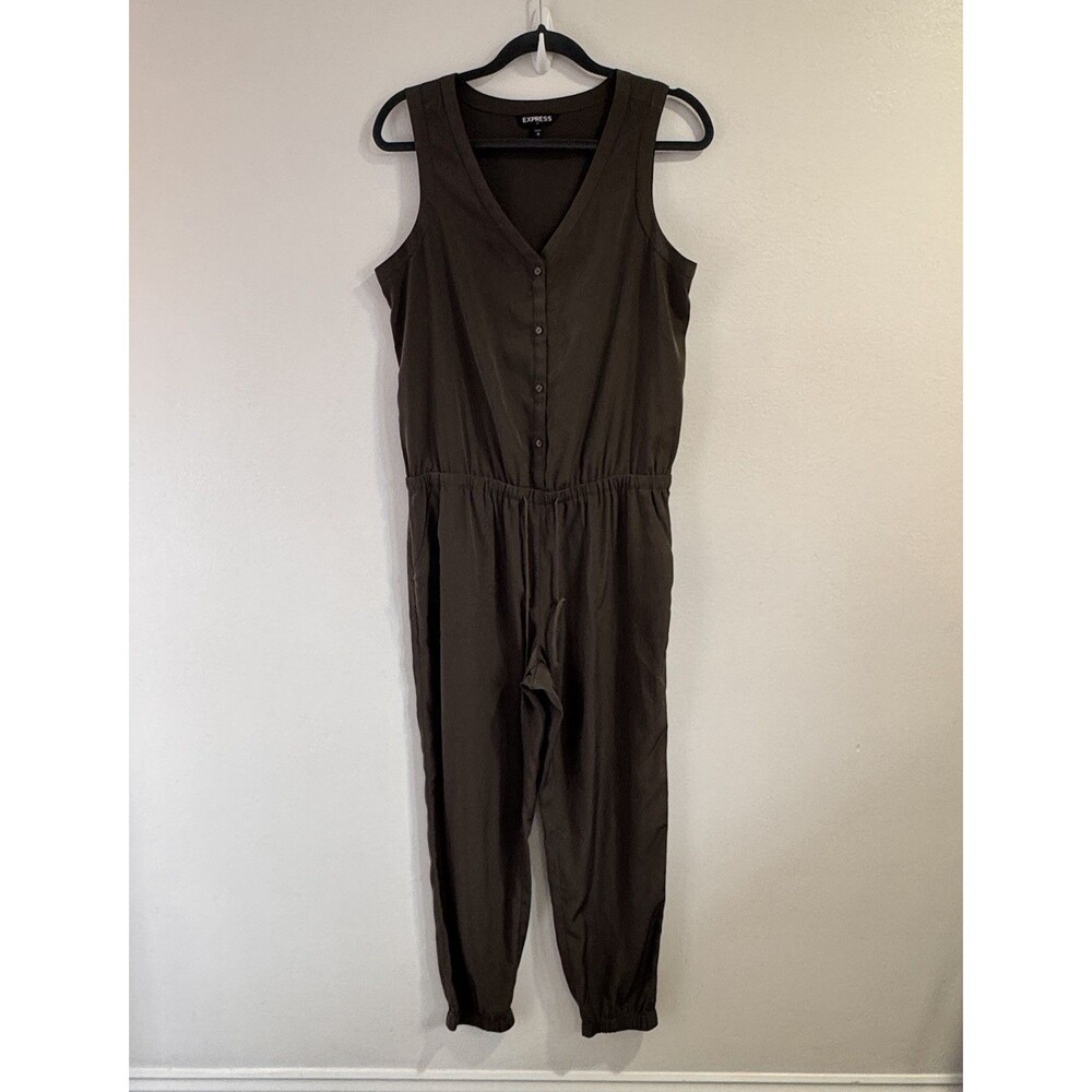 Express Jumpsuit Pantsuit S Olive Green Satin Joggers V-neck Sleeveless